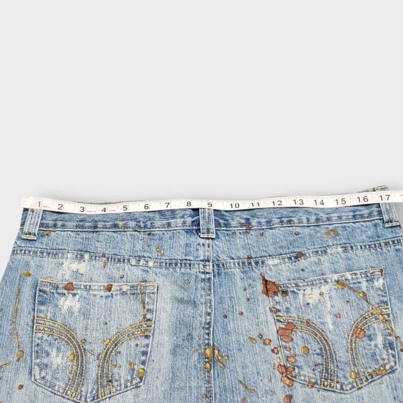 Vintage Y2K Wet Seal Denim Mini Skirt Distressed Paint Splatter Large Low Rise - Picture 8 of 9